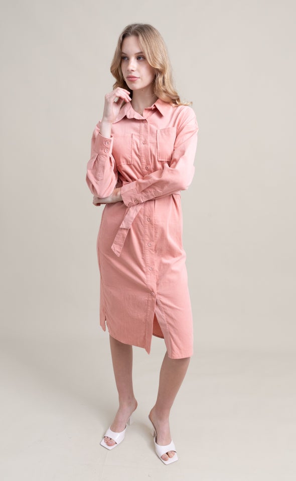 Corduroy Tie Waist Shirt Dress Dusky Pink