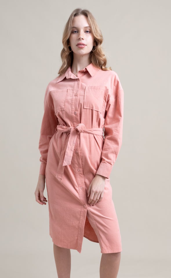 Corduroy Tie Waist Shirt Dress Dusky Pink