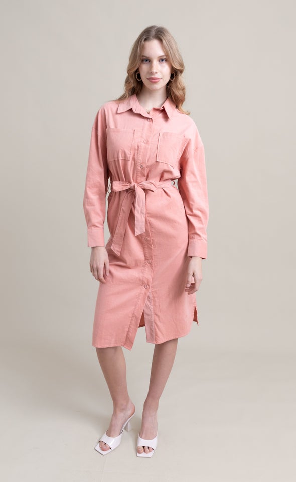 Corduroy Tie Waist Shirt Dress Dusky Pink