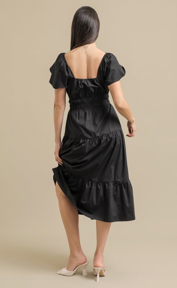 Cotton Poplin Flutter Slv Midi Dress Black