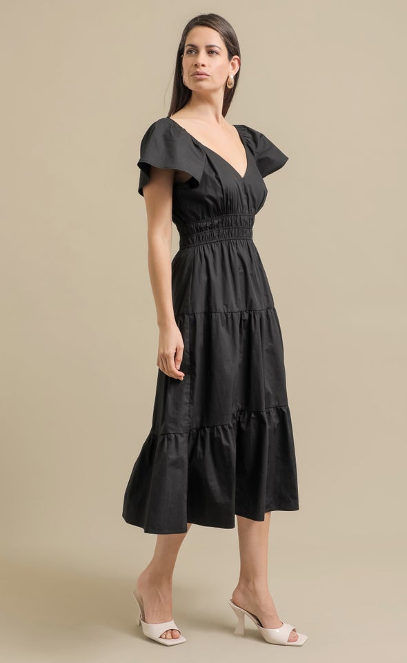 Cotton Poplin Flutter Slv Midi Dress Black