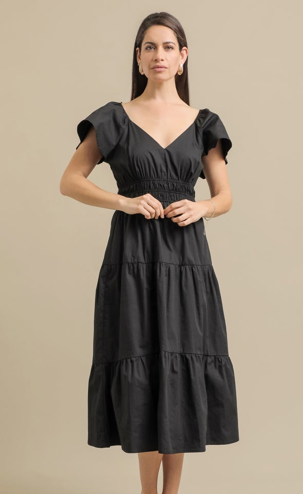 Cotton Poplin Flutter Slv Midi Dress Black