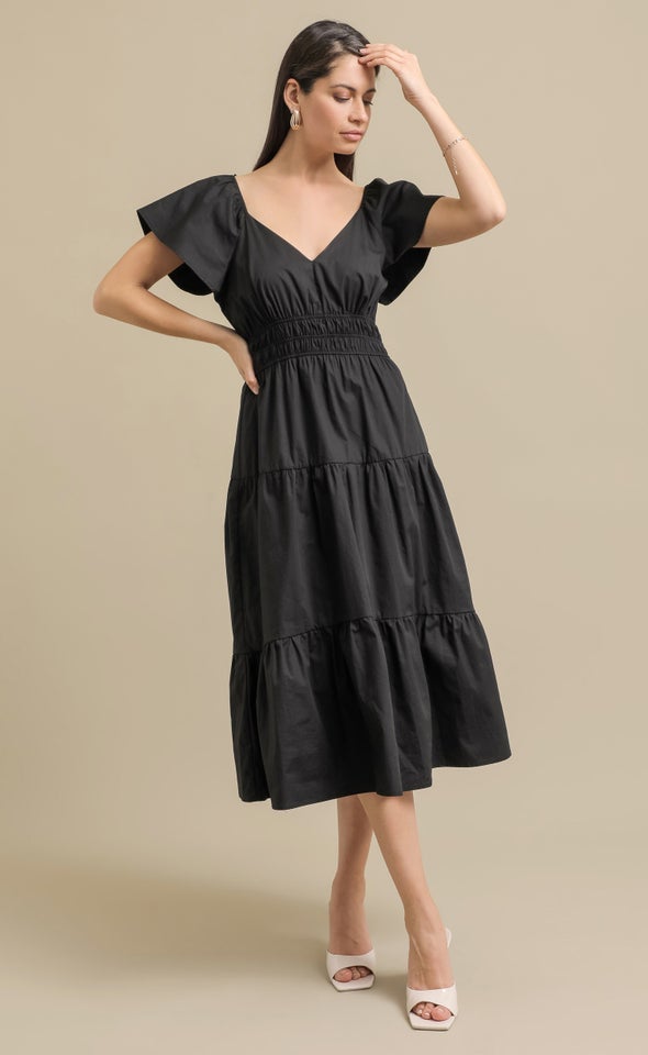 Cotton Poplin Flutter Slv Midi Dress Black