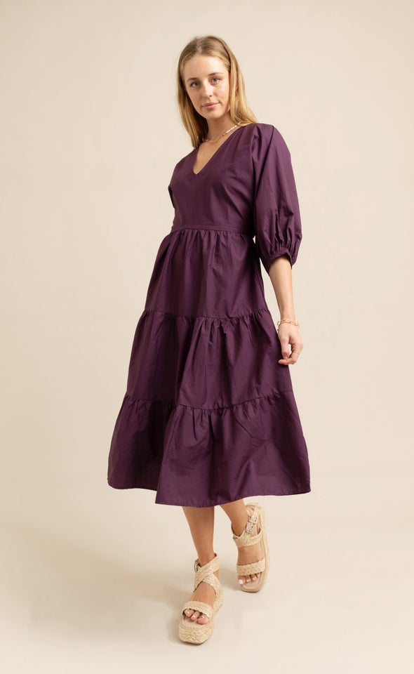 Cotton Poplin Panelled Midi Dress Aubergine