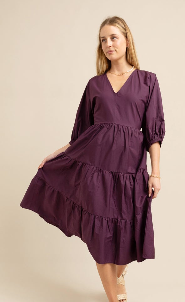 Cotton Poplin Panelled Midi Dress Aubergine