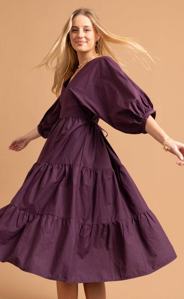 Cotton Poplin Panelled Midi Dress Aubergine