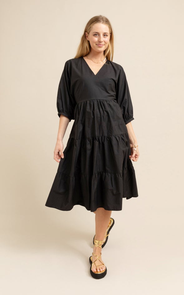 Cotton Poplin Panelled Midi Dress Black