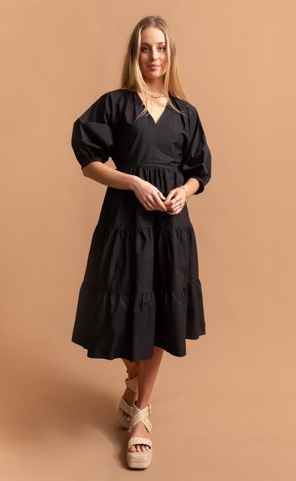 Cotton Poplin Panelled Midi Dress Black