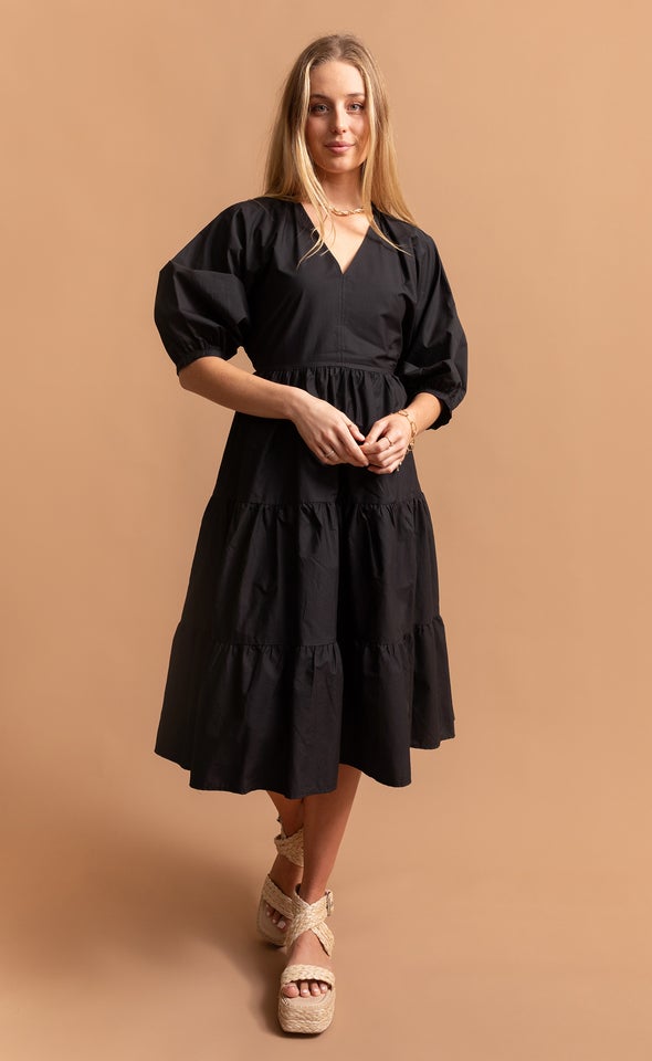 Cotton Poplin Panelled Midi Dress Black