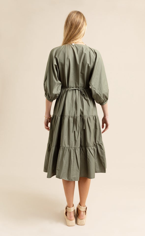 Cotton Poplin Panelled Midi Dress Dark Sage