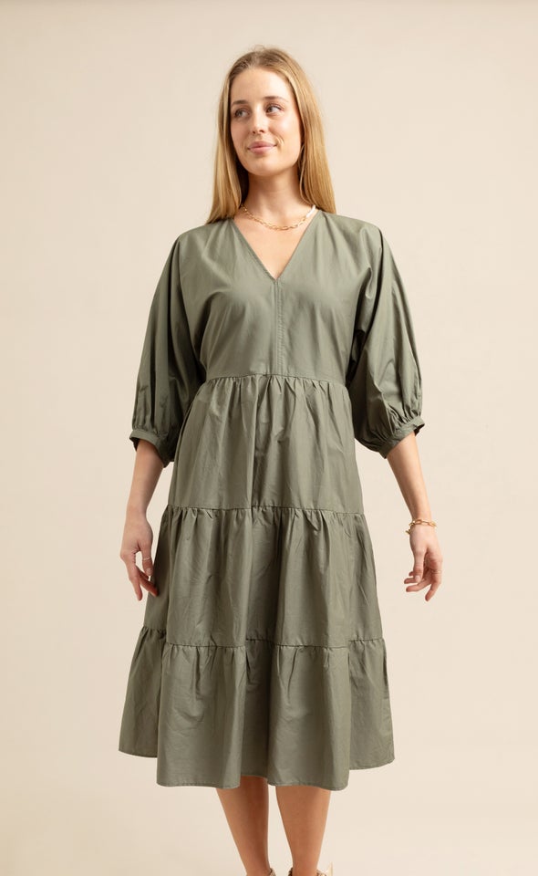 Cotton Poplin Panelled Midi Dress Dark Sage