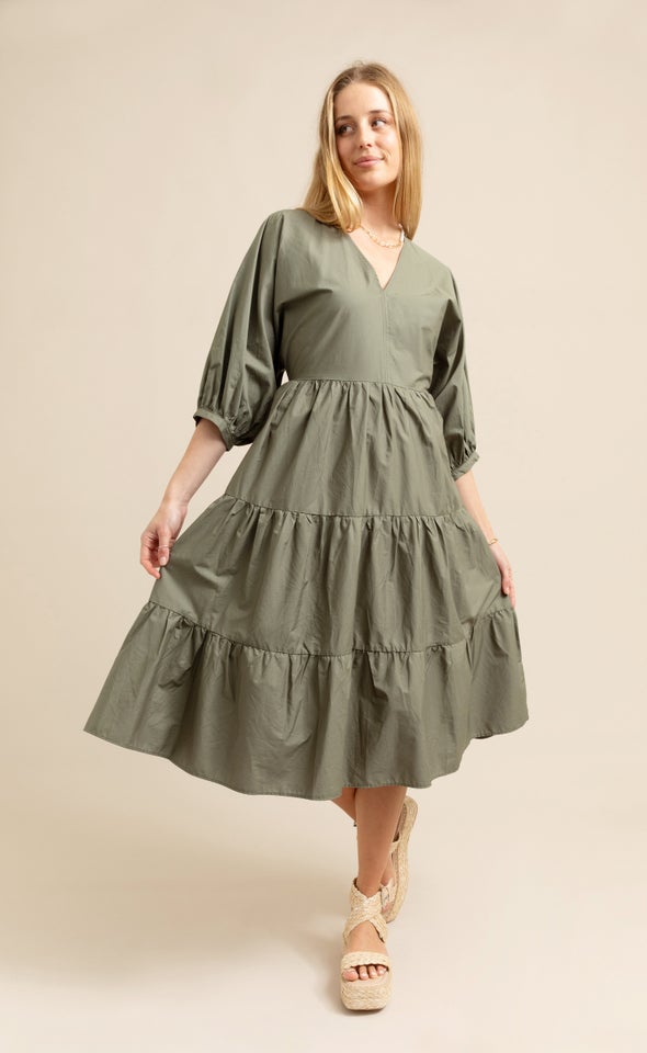 Cotton Poplin Panelled Midi Dress Dark Sage