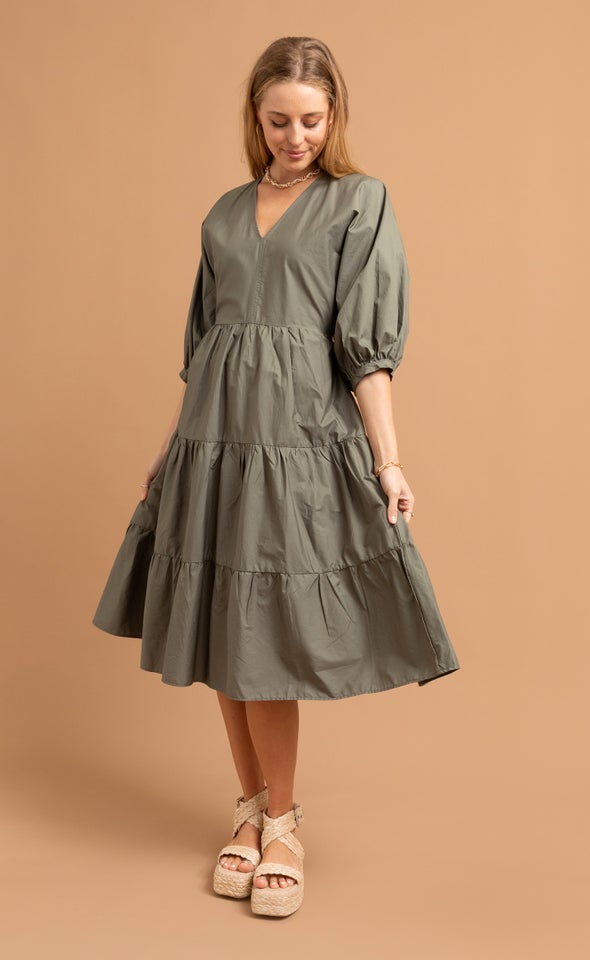 Cotton Poplin Panelled Midi Dress Dark Sage