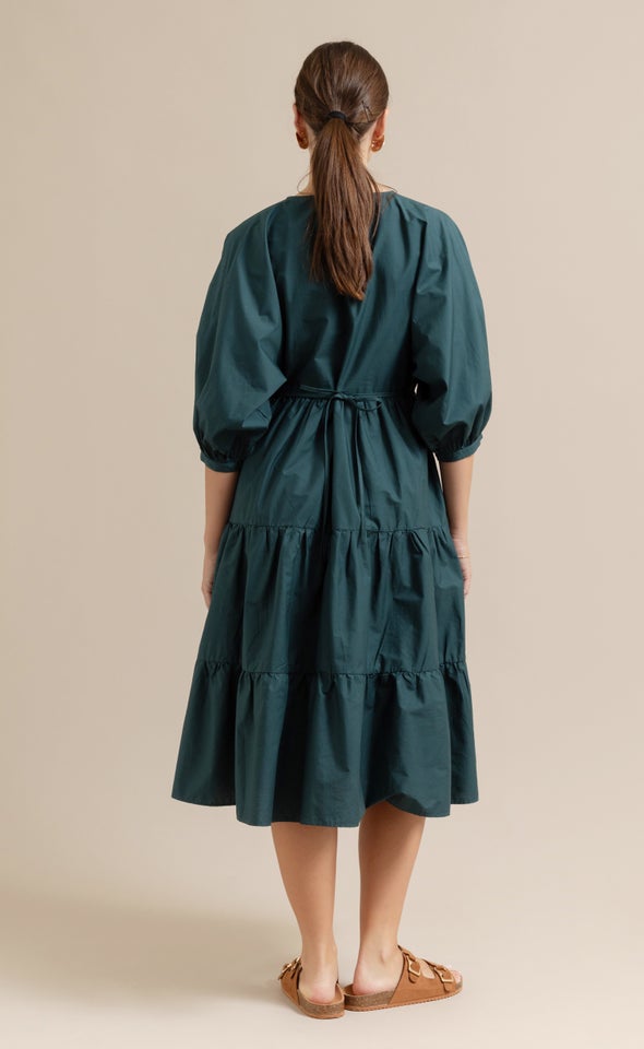 Cotton Poplin Panelled Midi Dress Emerald