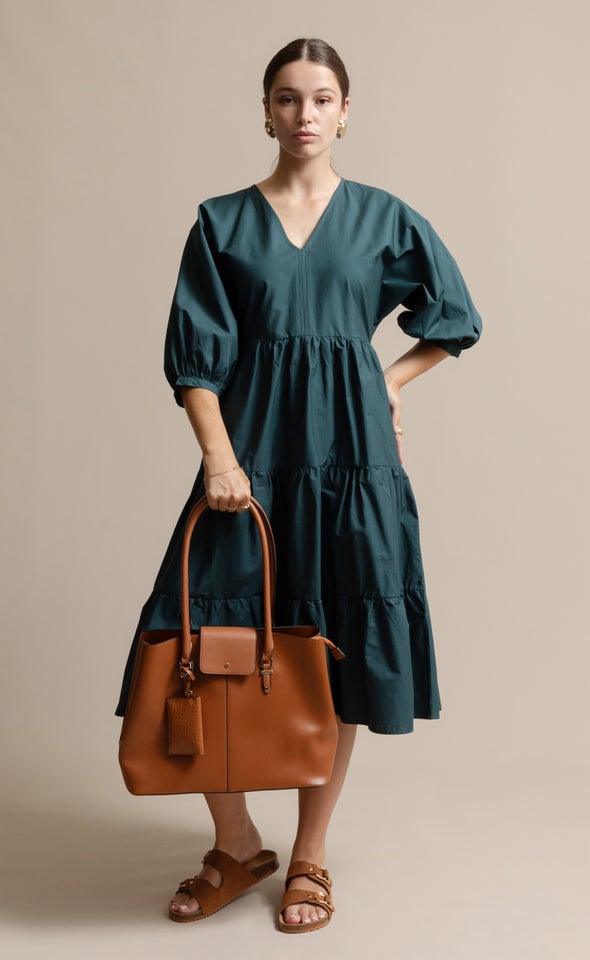 Cotton Poplin Panelled Midi Dress Emerald