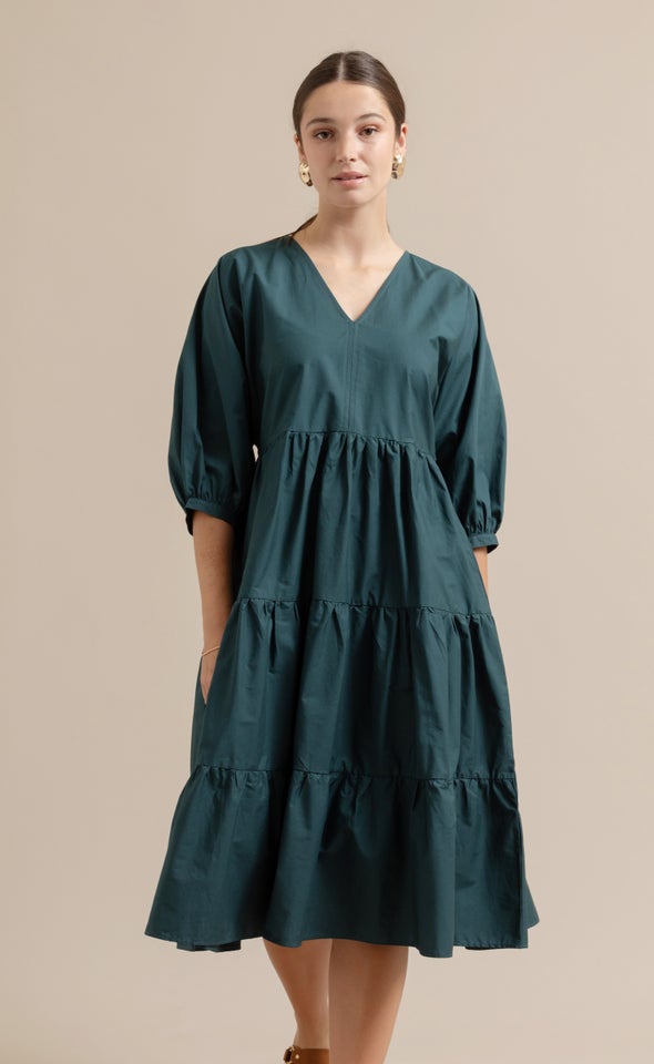 Cotton Poplin Panelled Midi Dress Emerald