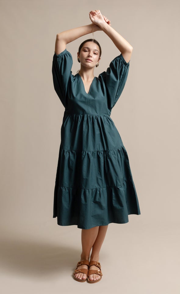 Cotton Poplin Panelled Midi Dress Emerald