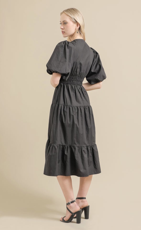 Cotton Poplin Puff Sleeve Dress Black