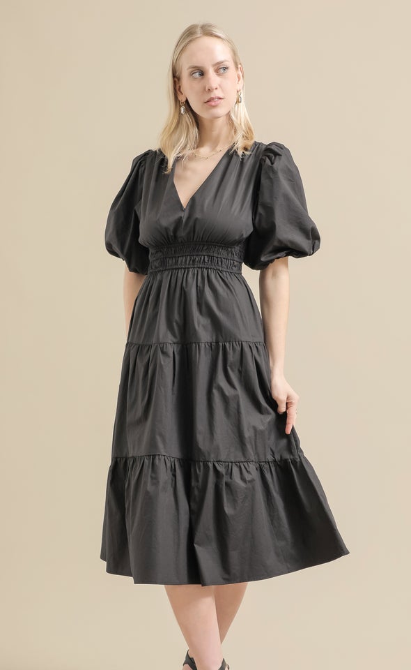 Cotton Poplin Puff Sleeve Dress Black