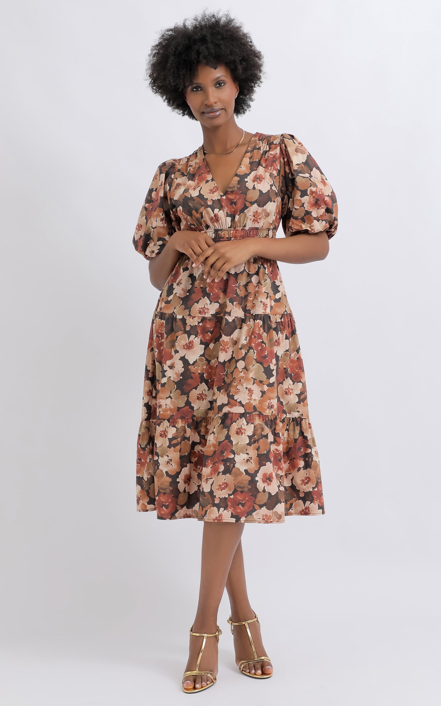 Shop our Cotton Poplin Puff Sleeve Dress in Black/brown