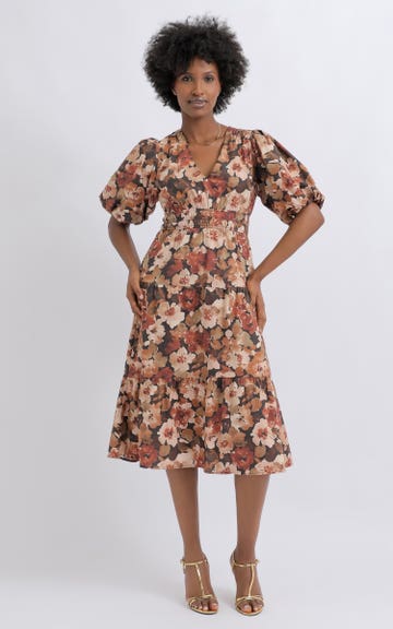 Shop our Cotton Poplin Puff Sleeve Dress in Black/brown | Pagani