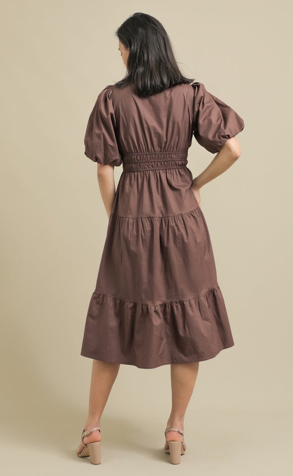 Cotton Poplin Puff Sleeve Dress Chocolate
