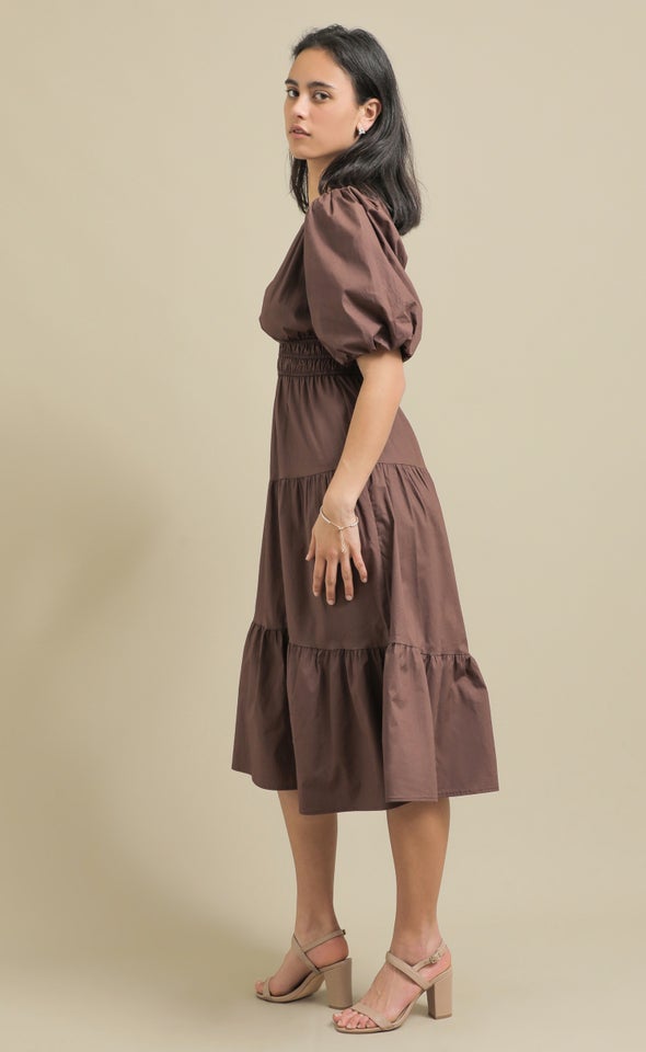 Cotton Poplin Puff Sleeve Dress Chocolate