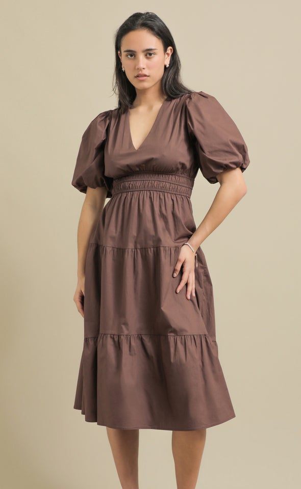 Cotton Poplin Puff Sleeve Dress Chocolate