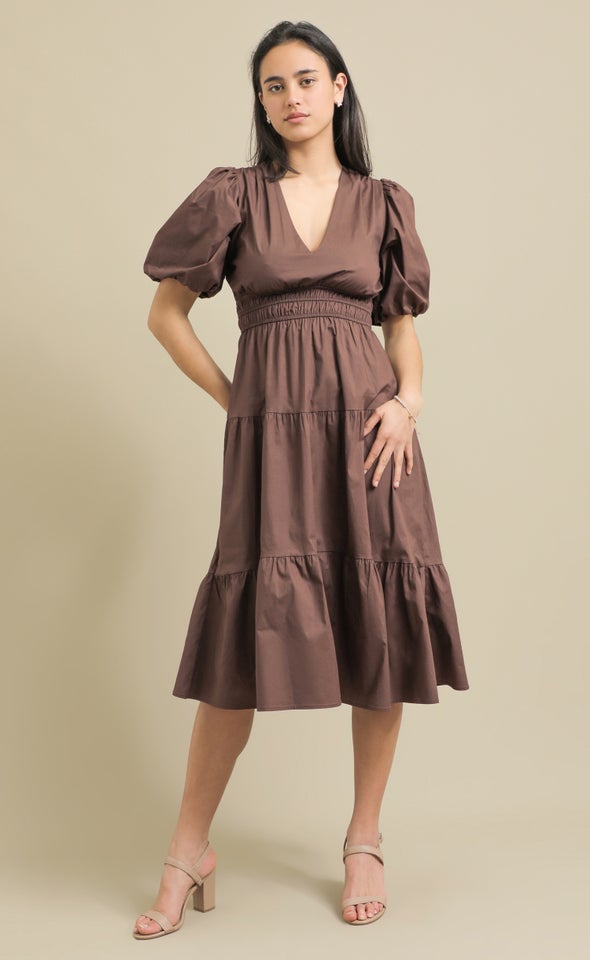 Cotton Poplin Puff Sleeve Dress Chocolate