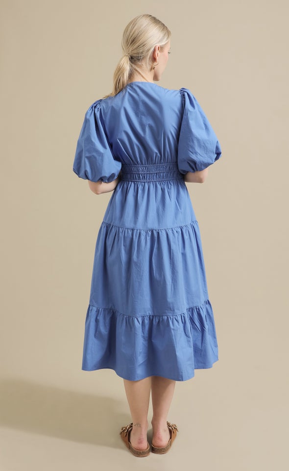 Cotton Poplin Puff Sleeve Dress Cornflower Blue