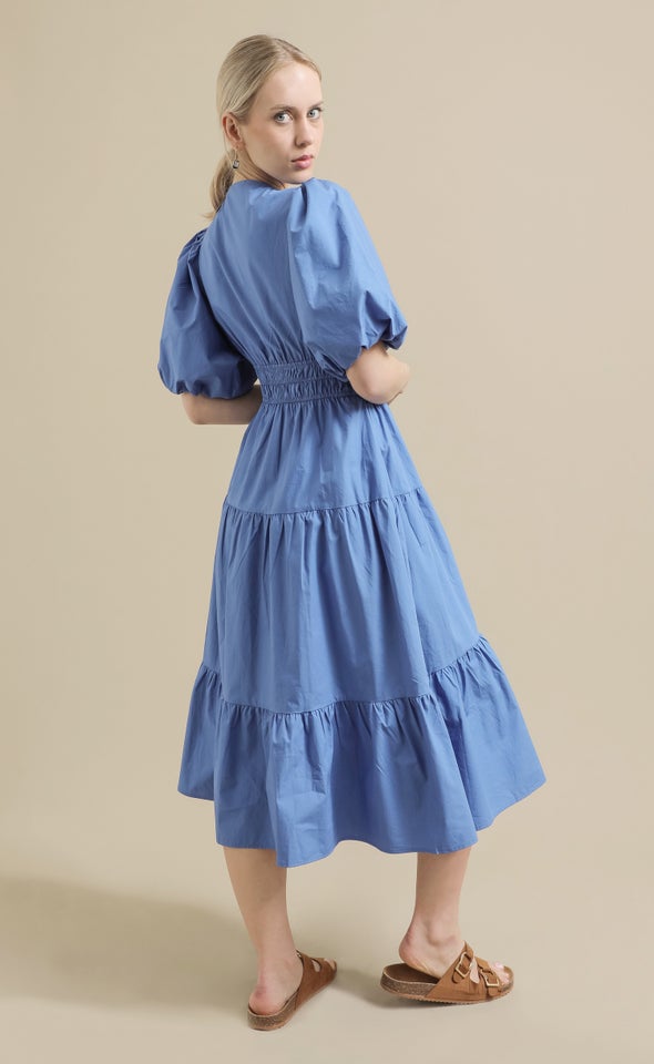 Cotton Poplin Puff Sleeve Dress Cornflower Blue