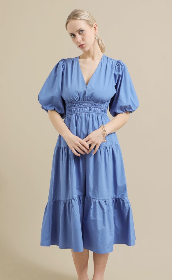 Cotton Poplin Puff Sleeve Dress Cornflower Blue