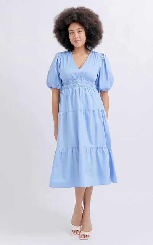 Shop our Cotton Poplin Puff Sleeve Dress in Cornflower blue | Pagani