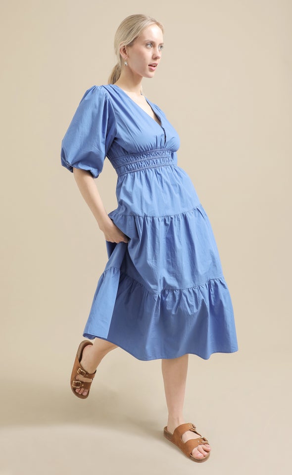 Cotton Poplin Puff Sleeve Dress Cornflower Blue