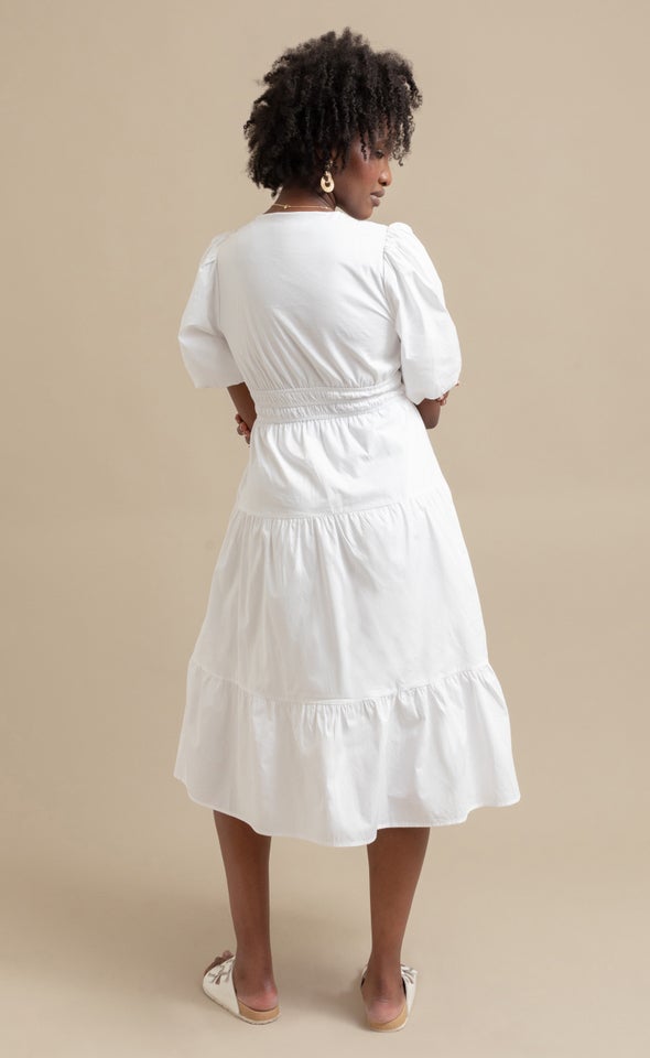 Cotton Poplin Puff Sleeve Dress Cream