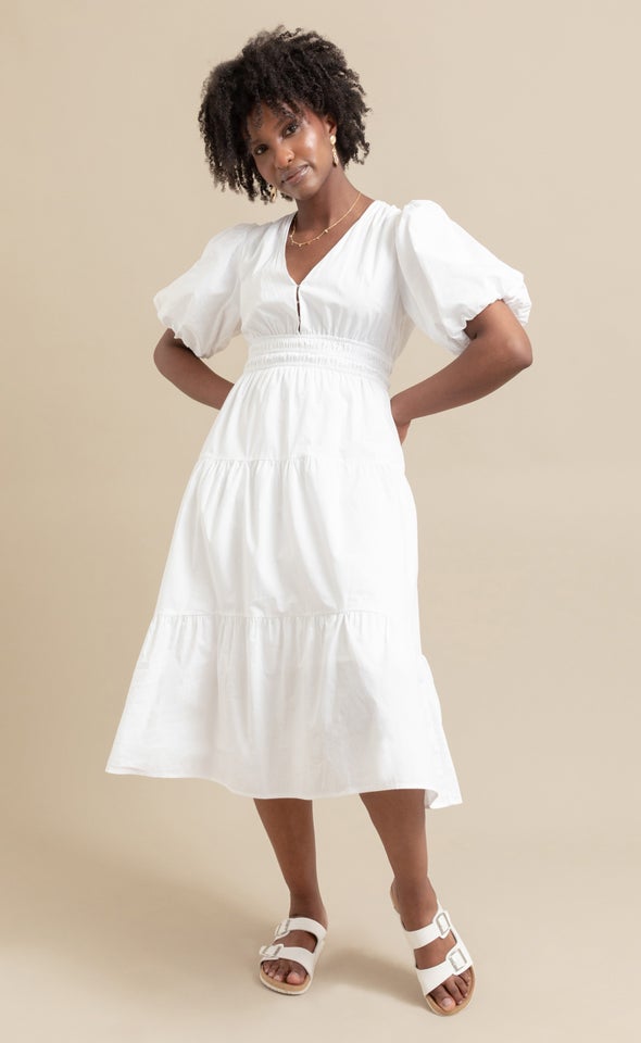 Cotton Poplin Puff Sleeve Dress Cream