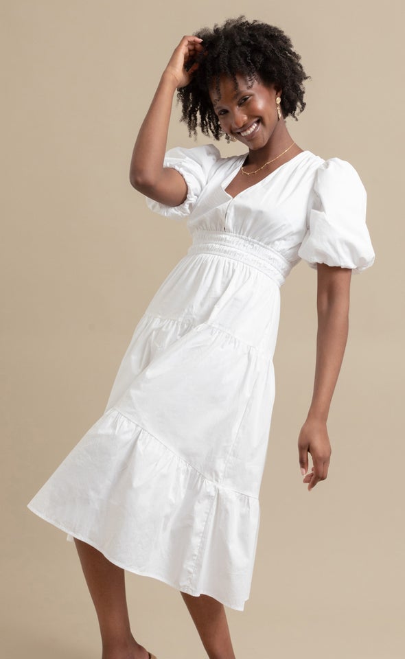 Cotton Poplin Puff Sleeve Dress Cream