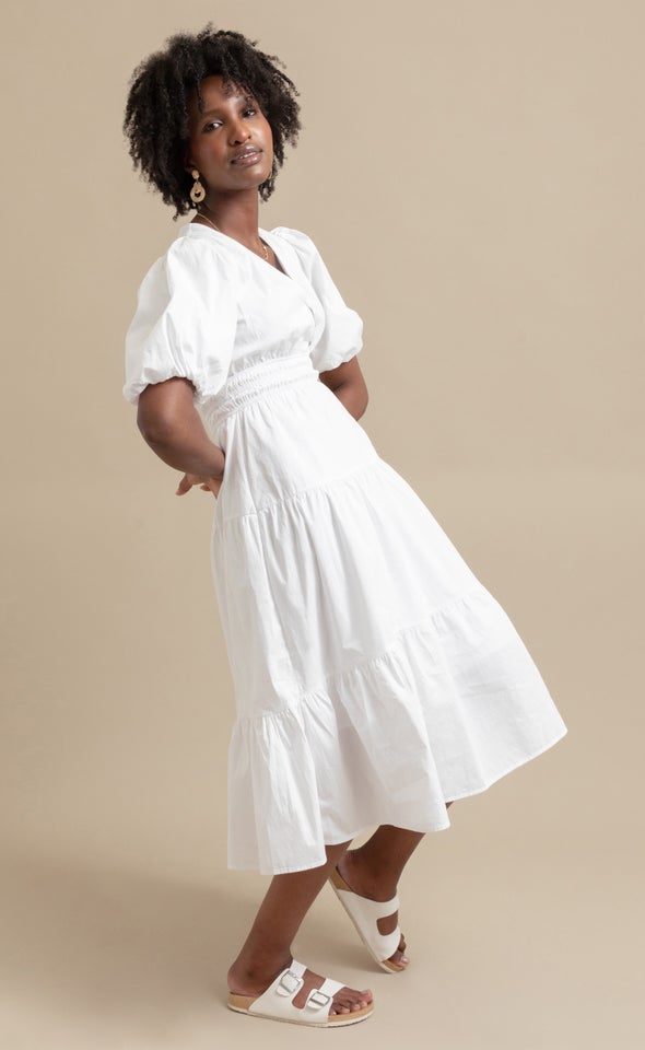 Cotton Poplin Puff Sleeve Dress Cream