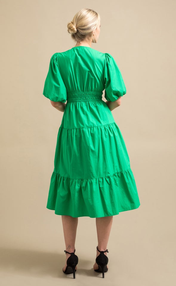 Cotton Poplin Puff Sleeve Dress Green