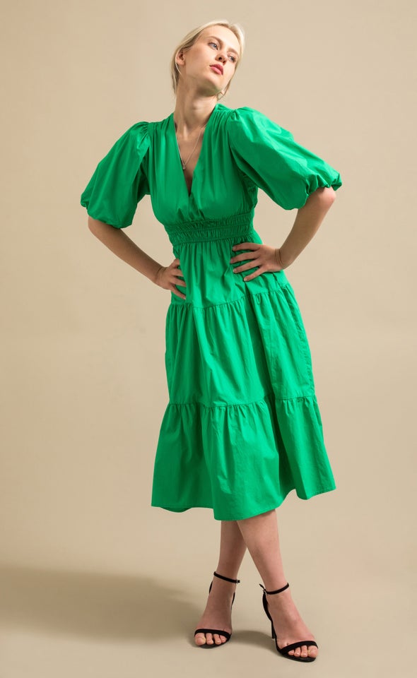 Cotton Poplin Puff Sleeve Dress Green