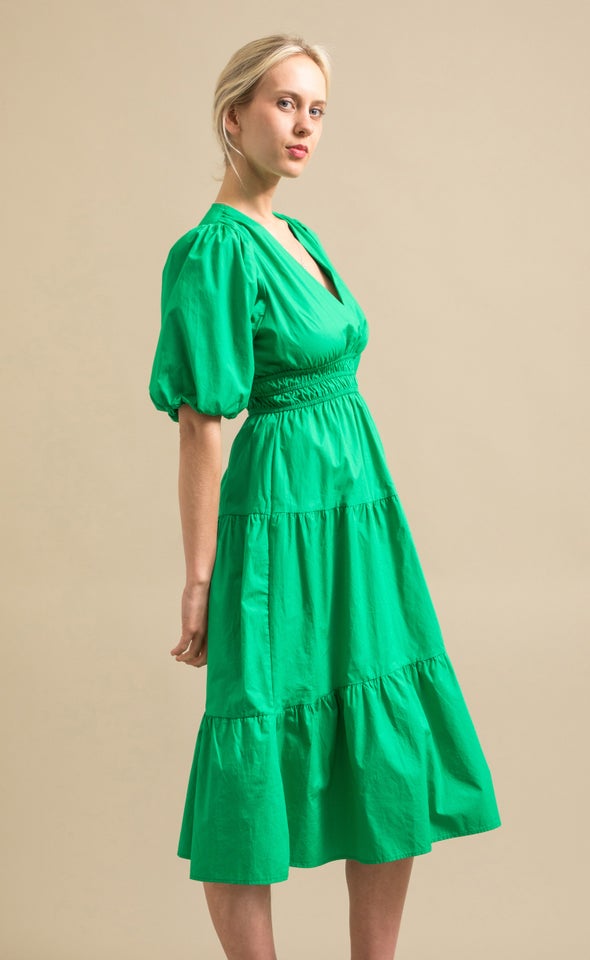 Cotton Poplin Puff Sleeve Dress Green