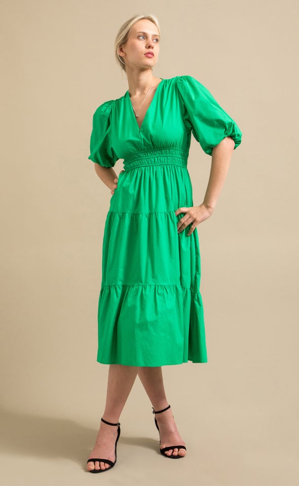 Cotton Poplin Puff Sleeve Dress Green