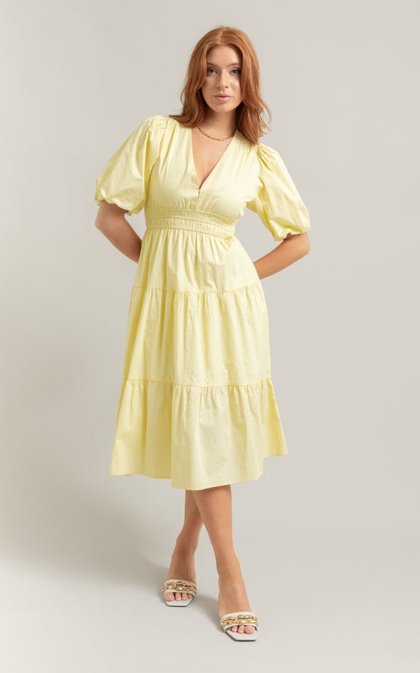 Cotton Poplin Puff Sleeve Dress Lemon
