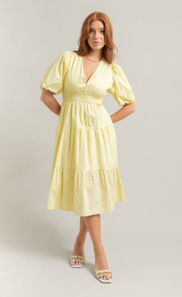 Cotton Poplin Puff Sleeve Dress Lemon