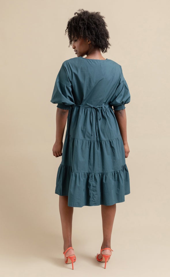 Cotton Poplin Tier Midi Dress Emerald