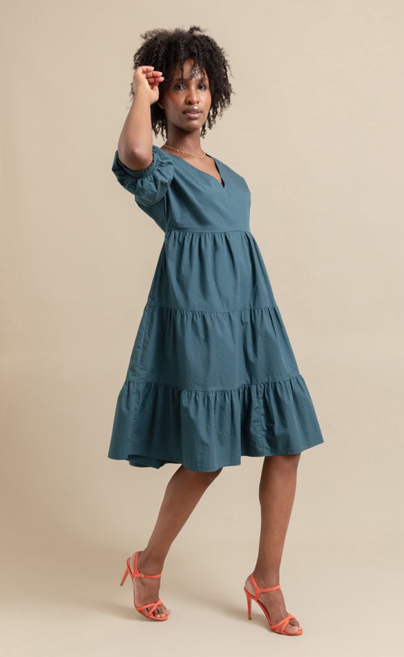 Cotton Poplin Tier Midi Dress Emerald