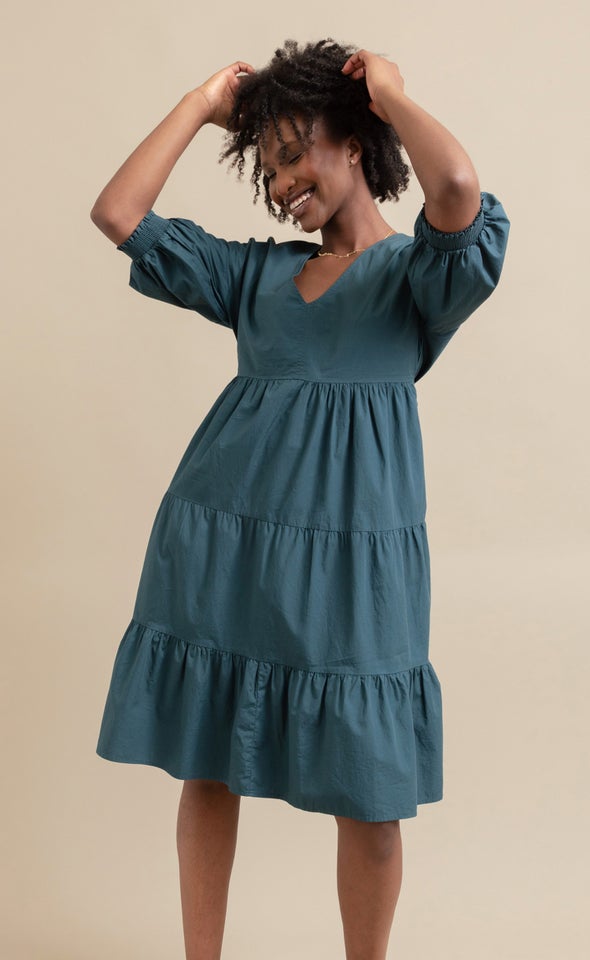 Cotton Poplin Tier Midi Dress Emerald