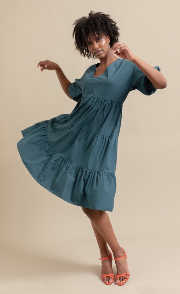 Cotton Poplin Tier Midi Dress Emerald