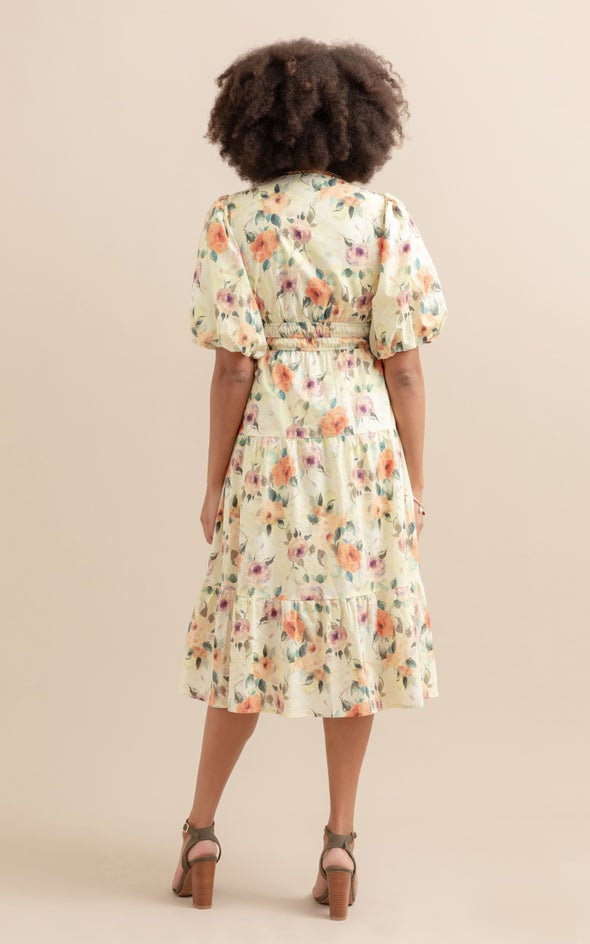 Cotton Printed Puff Sleeve Dress Lemon/floral
