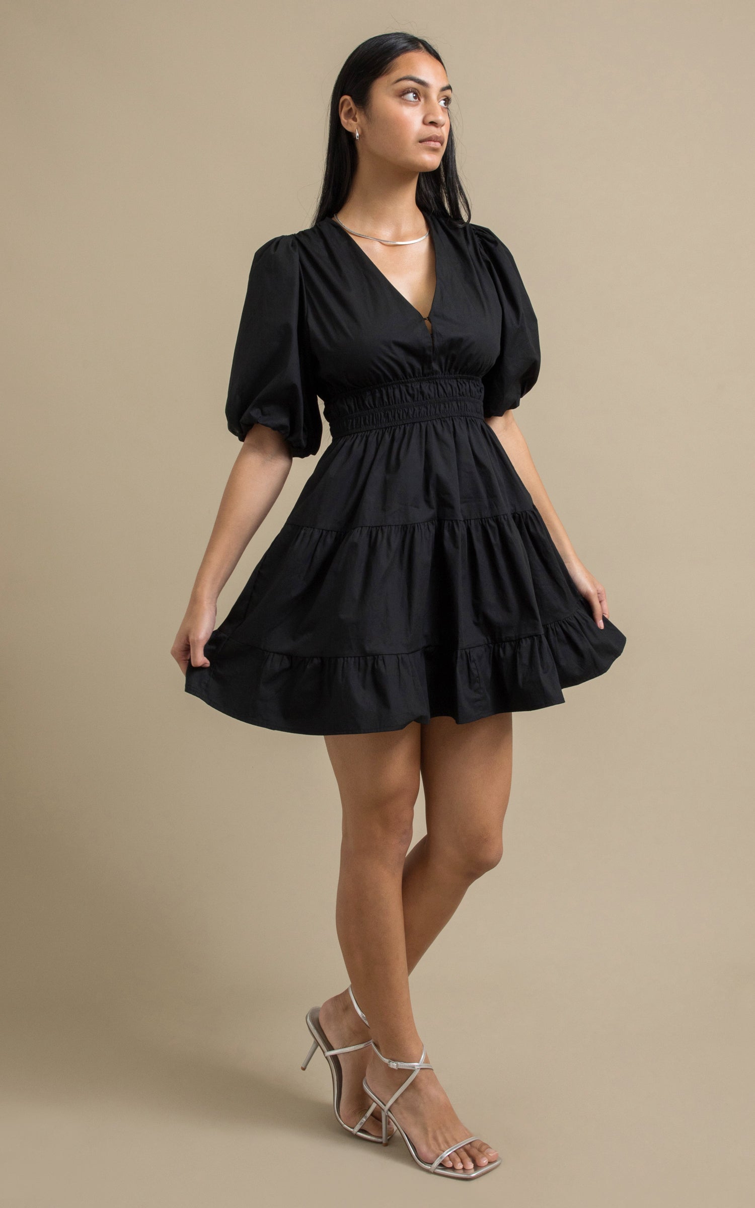 Cotton Puff Sleeve Short Tier Dress | Pagani